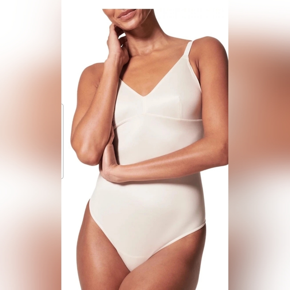 SPANX Plus 3X Shaping Satin Thong Bodysuit 10322R Ivory Liquid Stretch NEW